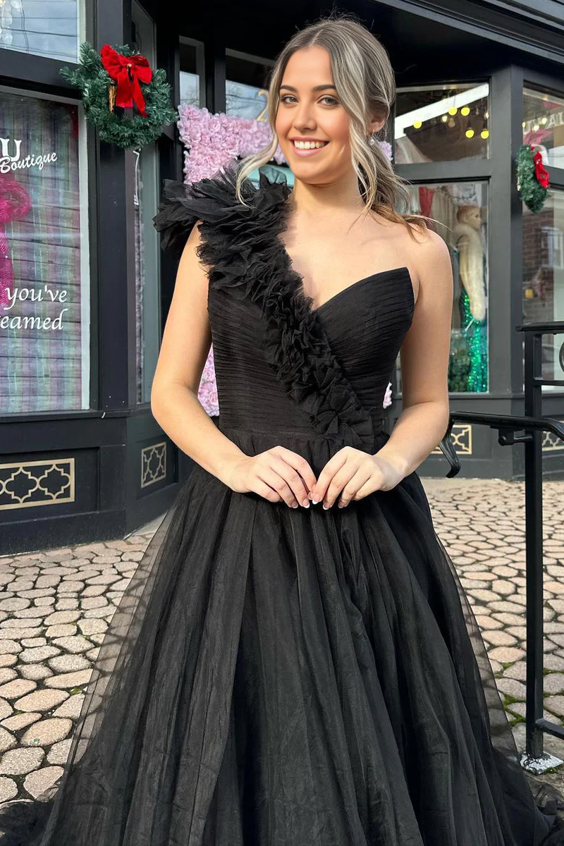 A-line One Shoulder Black Tulle Ball Gown Long Prom Dress